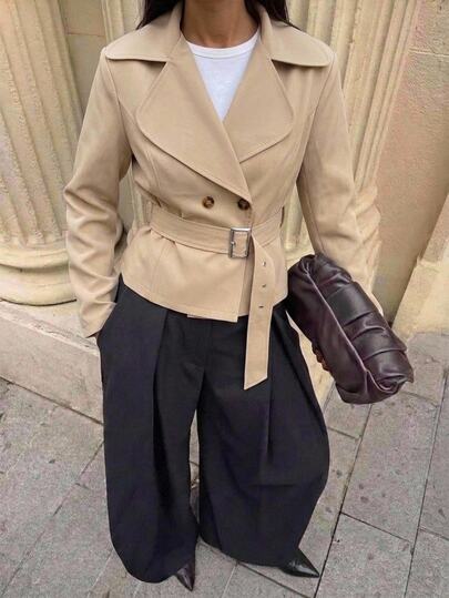 Aloruh Women's Spring/Autumn Casual French French Elegant Double-Breasted Trench Coat Jacket Teachers' Day Office Beige Teachers' Day