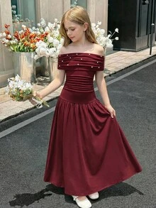 SHEIN 少女纯色酒红色串珠优雅复古返校/派对装、生日装、舞会礼服，针织露肩褶皱长裙，适合居家、户外、派对、聚会等各种场合，露肩中长连衣裙 - 酒紅色 - 查看 3