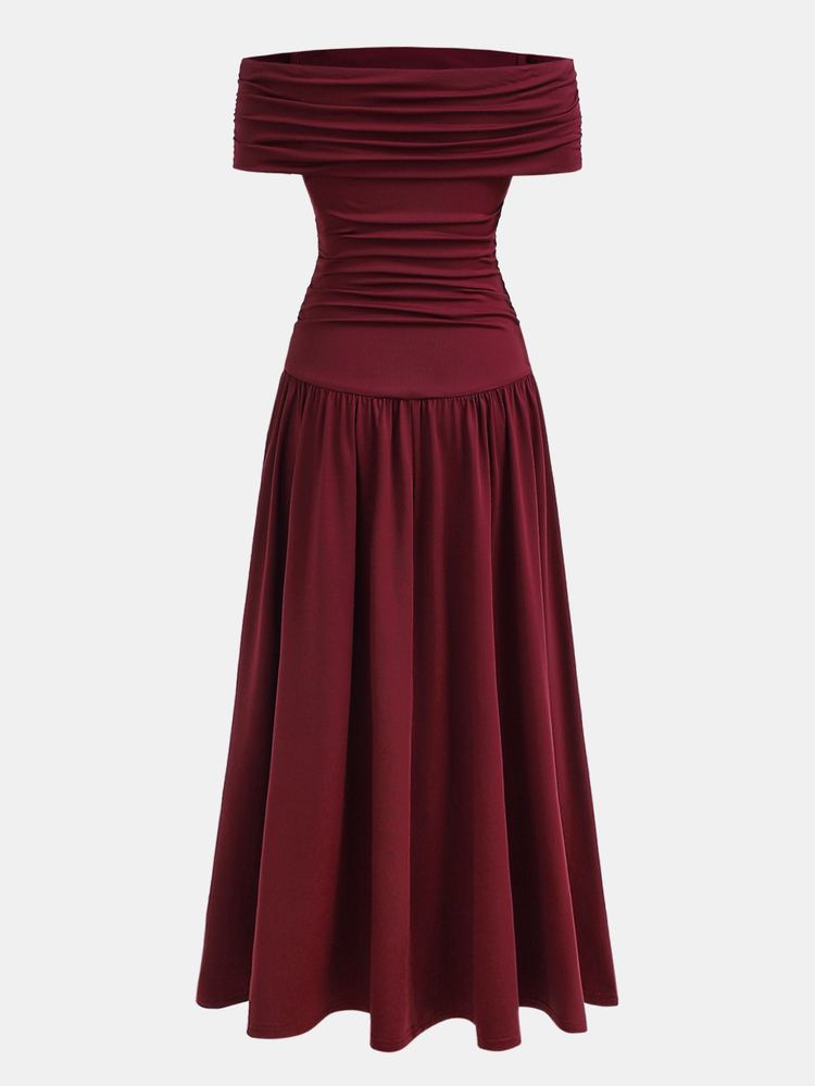 SHEIN Tween Girls Burgundy Red Beaded Elegant Retro Summer Party Dress,Knitted Off-Shoulder Pleated Midi Prom Dress For Birthday&Back To School Outfits - Burgundy - View 4