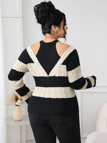 Modelyn Plus Size Women Striped Twist Cable Long Sleeve Sweater, Fashionable For Autumn/Winter Fall - Multicolor - View 3