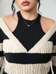 Modelyn Plus Size Women Striped Twist Cable Long Sleeve Sweater, Fashionable For Autumn/Winter Fall - Multicolor - View 7