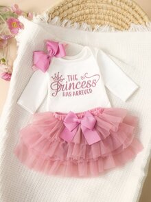 SHEIN 新生女婴摄影道具，女宝宝回家服，1个月女宝宝连体衣道具，含蓬蓬裙和蝴蝶结发带，新生儿礼物 - 粉色 - 查看 9