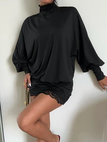 Aloruh 女款秋冬街頭萬聖節高領蝙蝠袖長袖露背修身迷你緊身洋裝 蕾絲拼接 夜黑性感 - 黑色 - 查看 4