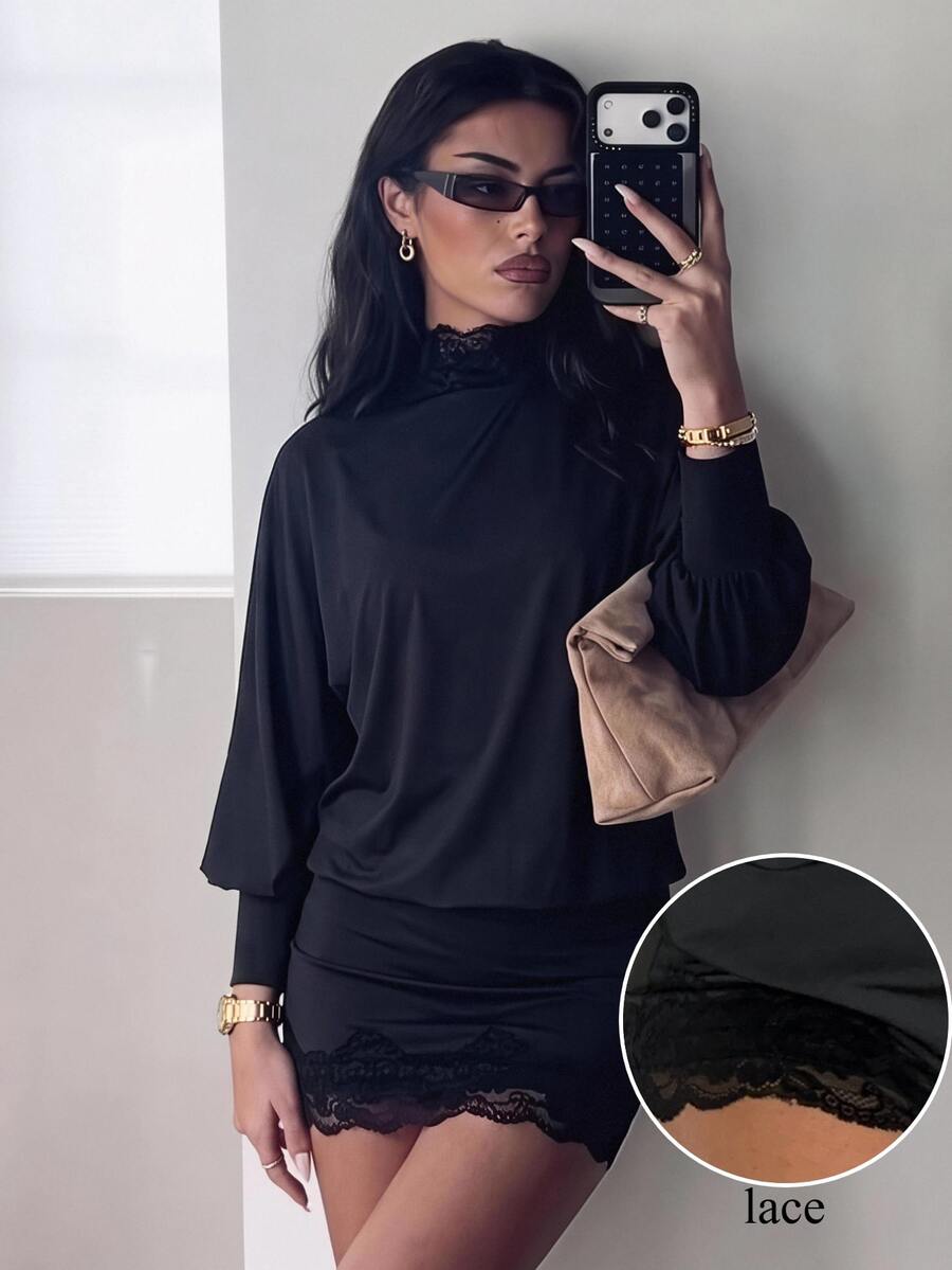 Aloruh 女款秋冬街頭萬聖節高領蝙蝠袖長袖露背修身迷你緊身洋裝 蕾絲拼接 夜黑性感 - 黑色 - 查看 1