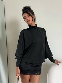 Aloruh 女款秋冬街頭萬聖節高領蝙蝠袖長袖露背修身迷你緊身洋裝 蕾絲拼接 夜黑性感 - 黑色 - 查看 6