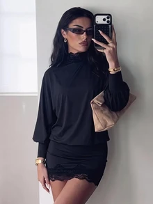 Aloruh 女款秋冬街頭萬聖節高領蝙蝠袖長袖露背修身迷你緊身洋裝 蕾絲拼接 夜黑性感 - 黑色 - 查看 9
