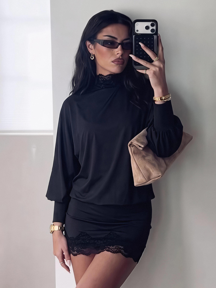 Aloruh Women's Autumn/Winter Modern Street Music Festival High Neck Batwing Long Sleeve Open Back Fitted Mini Bodycon Dress With Sweet Lace Patchwork And Solid Color - Black - View 9
