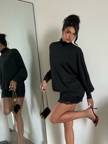 Aloruh 女款秋冬街頭萬聖節高領蝙蝠袖長袖露背修身迷你緊身洋裝 蕾絲拼接 夜黑性感 - 黑色 - 查看 7