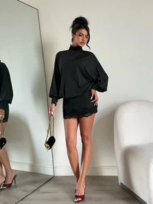 Aloruh 女款秋冬街頭萬聖節高領蝙蝠袖長袖露背修身迷你緊身洋裝 蕾絲拼接 夜黑性感 - 黑色 - 查看 5