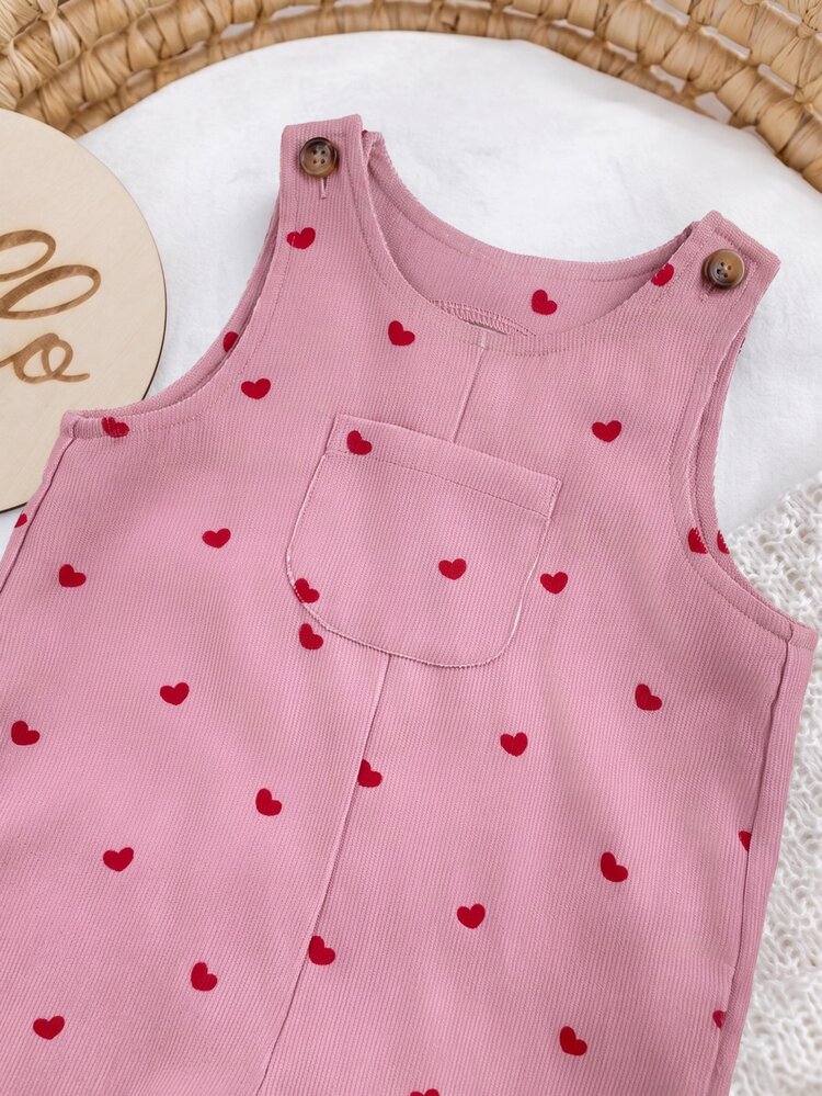 SHEIN Baby Girl Woven Heart Pattern Single Pocket Tank Romper - Dusty Pink - View 3