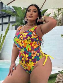 Swim SXY 大尺碼女款熱帶印花連身泳衣，海灘度假黃色夏季性感熱帶海灘風 - 彩色 - 查看 5