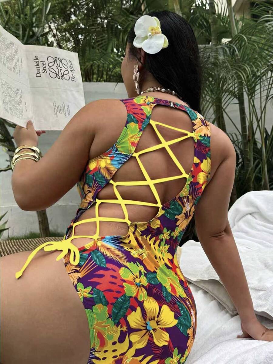 Swim SXY 大尺碼女款熱帶印花連身泳衣,海灘度假黃色夏季性感熱帶海灘風 - 彩色 - 查看 1