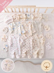 [2pcs Randomly Sent]Newborn Apricot Base Color Gauze Crepe Cartoon Pattern Long Sleeve Long Jumpsuit Hat Gloves Home Wear Set - Multicolor - View 6