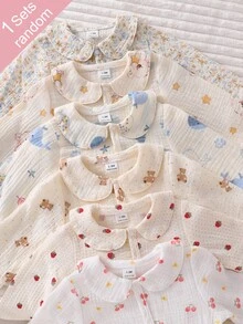 [2pcs Randomly Sent]Newborn Apricot Base Color Gauze Crepe Cartoon Pattern Long Sleeve Long Jumpsuit Hat Gloves Home Wear Set - Multicolor - View 7