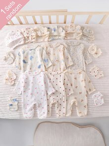 [2pcs Randomly Sent]Newborn Apricot Base Color Gauze Crepe Cartoon Pattern Long Sleeve Long Jumpsuit Hat Gloves Home Wear Set - Multicolor - View 3
