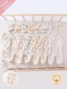 [2pcs Randomly Sent]Newborn Apricot Base Color Gauze Crepe Cartoon Pattern Long Sleeve Long Jumpsuit Hat Gloves Home Wear Set - Multicolor - View 4