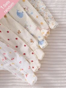 [2pcs Randomly Sent]Newborn Apricot Base Color Gauze Crepe Cartoon Pattern Long Sleeve Long Jumpsuit Hat Gloves Home Wear Set - Multicolor - View 8