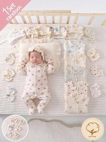 [2pcs Randomly Sent]Newborn Apricot Base Color Gauze Crepe Cartoon Pattern Long Sleeve Long Jumpsuit Hat Gloves Home Wear Set - Multicolor - View 2