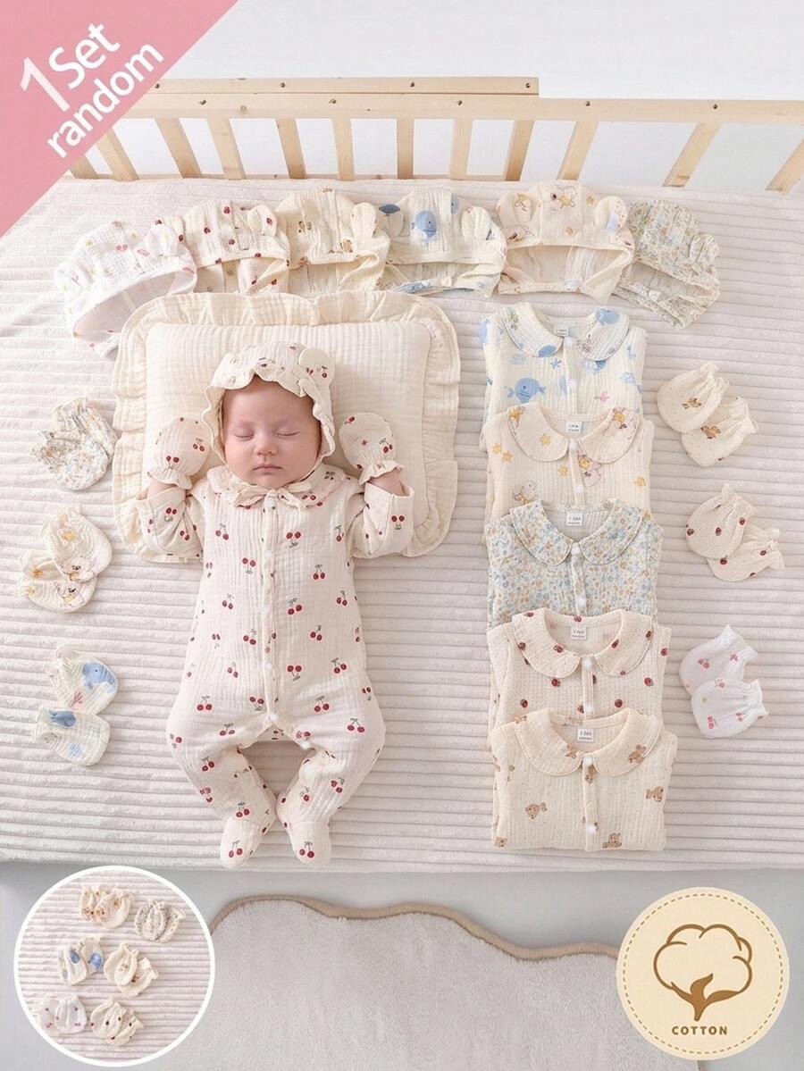 [2pcs Randomly Sent]Newborn Apricot Base Color Gauze Crepe Cartoon Pattern Long Sleeve Long Jumpsuit Hat Gloves Home Wear Set