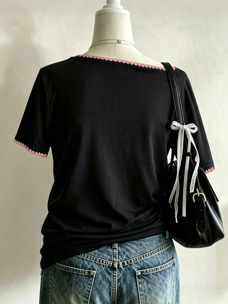 Lalippa Women's Casual Street Minimalist Comfortable Colorful Floral Pattern Embroidered Asymmetrical Neck Top, Comfortable Casual Asymmetrical Neck Embroidered Top - Black - View 2