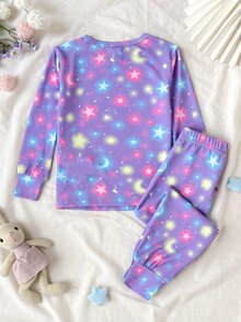 SHEIN 兒童女童圓領短袖長褲夢幻少女團星形圖案印花甜酷俏皮風針織彈性面料舒適柔軟高彈緊身UV光感紫色兩件套居家服睡衣 - 藍白色 - 查看 2