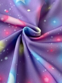 SHEIN 兒童女童圓領短袖長褲夢幻少女團星形圖案印花甜酷俏皮風針織彈性面料舒適柔軟高彈緊身UV光感紫色兩件套居家服睡衣 - 藍白色 - 查看 8