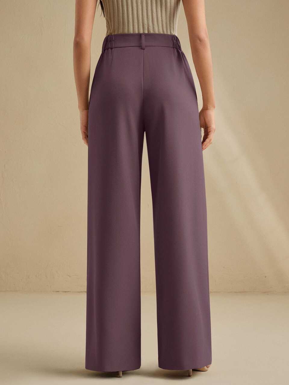 Anewsta Elegant & Sophisticated Pleated Leg Design Decorative Wide Leg Pants For Women, Coffee Color