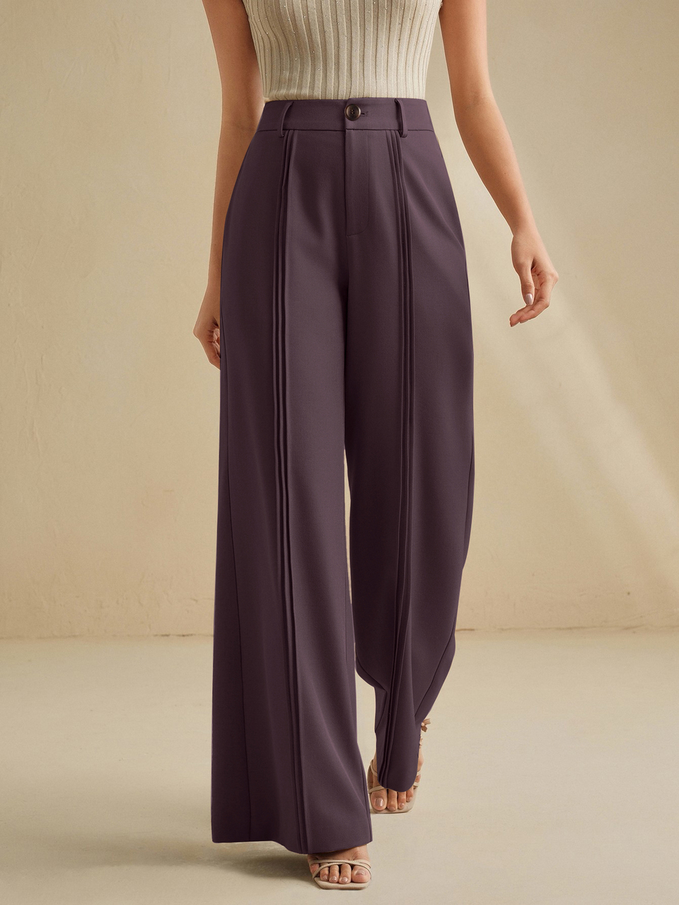 Anewsta Elegant & Sophisticated Pleated Leg Design Decorative Wide Leg Pants For Women, Coffee Color