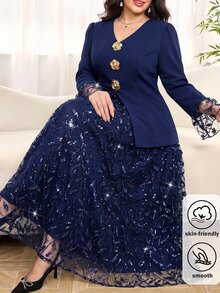 Reflora Plus Size Elegant Party Sequin Embroidered Mesh Patchwork Dress Fall - Green - View 1