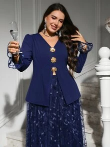 Reflora Plus Size Elegant Party Sequin Embroidered Mesh Patchwork Dress Fall - Green - View 3