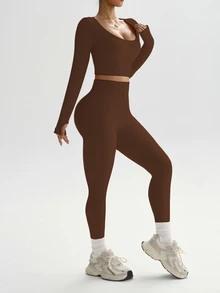 Slayform Slayform Setelan Pakaian Olahraga Wanita Warna Polos Tanpa Jahitan dengan Leher Bulat dan Elastisitas Tinggi, Setelan Yoga Cokelat Musim Semi/Gugur, Setelan Dua Potong Cokelat untuk Latihan - Coklat - View 9