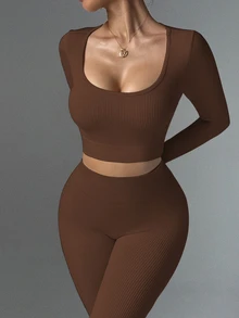 Slayform Slayform Setelan Pakaian Olahraga Wanita Warna Polos Tanpa Jahitan dengan Leher Bulat dan Elastisitas Tinggi, Setelan Yoga Cokelat Musim Semi/Gugur, Setelan Dua Potong Cokelat untuk Latihan - Coklat - View 4