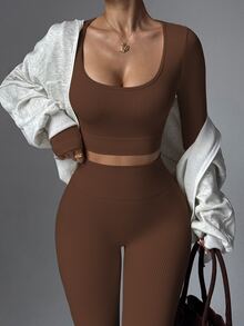Slayform Slayform Setelan Pakaian Olahraga Wanita Warna Polos Tanpa Jahitan dengan Leher Bulat dan Elastisitas Tinggi, Setelan Yoga Cokelat Musim Semi/Gugur, Setelan Dua Potong Cokelat untuk Latihan - Coklat - View 6
