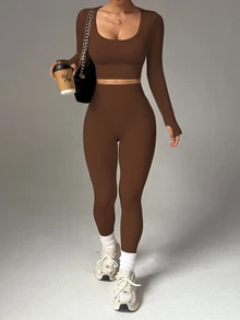 Slayform Slayform Setelan Pakaian Olahraga Wanita Warna Polos Tanpa Jahitan dengan Leher Bulat dan Elastisitas Tinggi, Setelan Yoga Cokelat Musim Semi/Gugur, Setelan Dua Potong Cokelat untuk Latihan - Coklat - View 5
