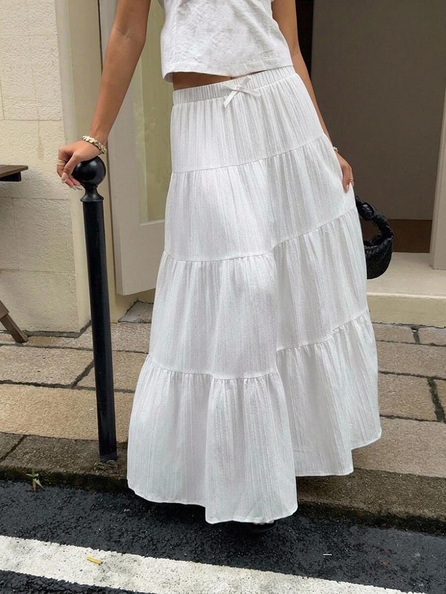 SHEIN Tween女孩腰部蝴蝶結裝飾荷葉邊裙襬休閒梭織飄逸柔美經典校園風柔軟大膽時尚酷感清新舒適男女童裙 - 黑與白 - 查看 1