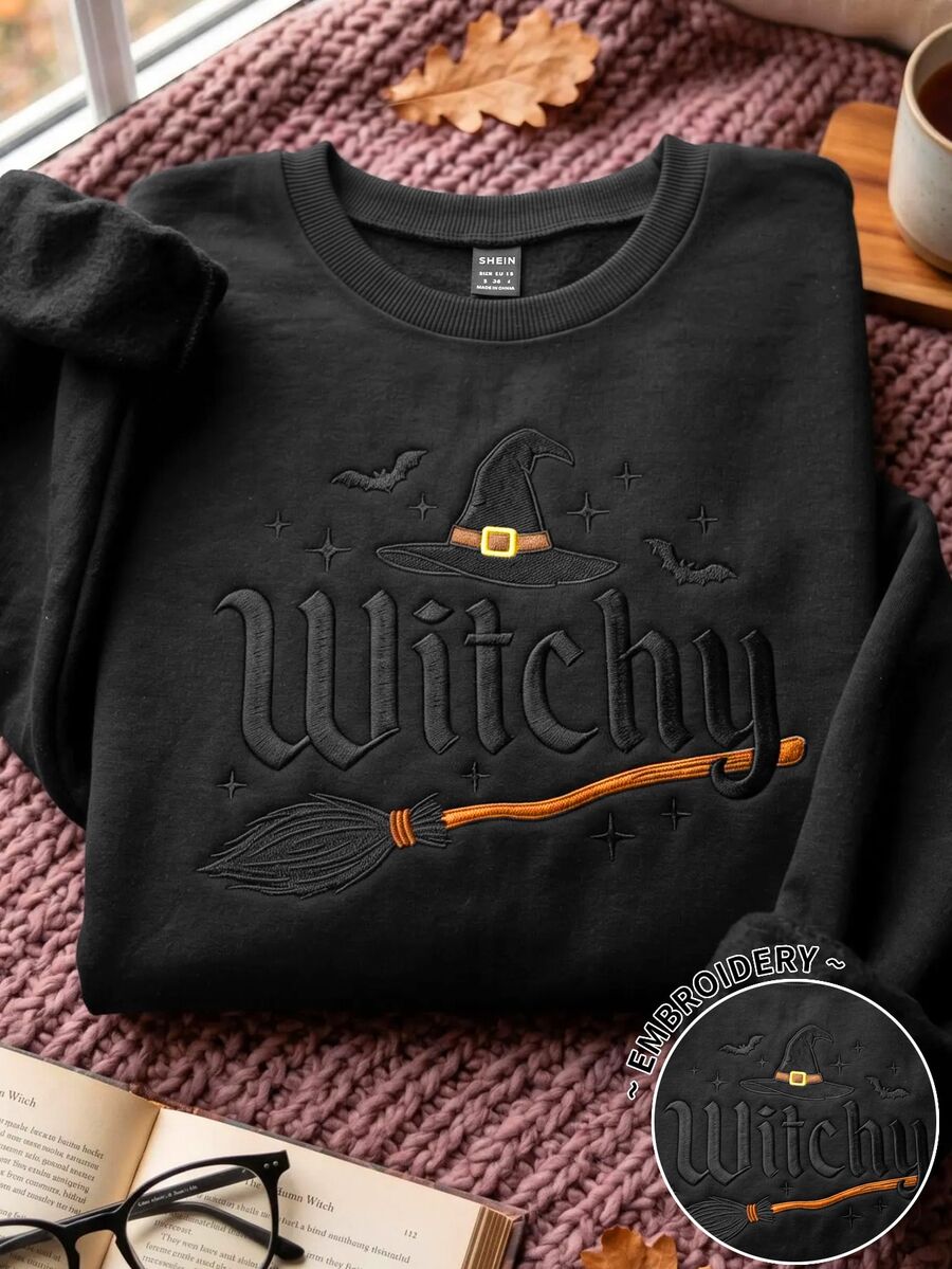INAWLY 女款字母刺繡圓領長袖休閒圖案抓絨衛衣,黑色,適合萬聖節、日間日常穿著,秋季款 - 黑色 - 查看 1