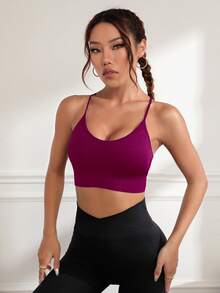 SHEIN Sports Women's Solid Color Cross Back Seamless Elastic Sports Bra For Chinese New Year - Red Violet - View 6
