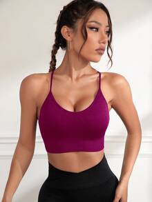 SHEIN Sports Women's Solid Color Cross Back Seamless Elastic Sports Bra For Chinese New Year - Red Violet - View 5