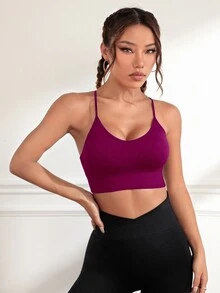 SHEIN Sports Women's Solid Color Cross Back Seamless Elastic Sports Bra For Chinese New Year - Red Violet - View 7