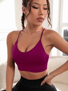 SHEIN Sports Women's Solid Color Cross Back Seamless Elastic Sports Bra For Chinese New Year - Red Violet - View 2