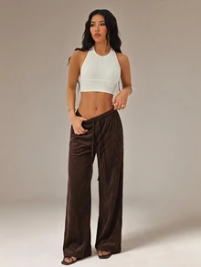 SHEIN PETITE 女款純色綁腰寬腿鬆身長褲，休閒百搭 - 咖啡棕 - 查看 4