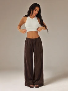 SHEIN PETITE 女款純色綁腰寬腿鬆身長褲，休閒百搭 - 咖啡棕 - 查看 5