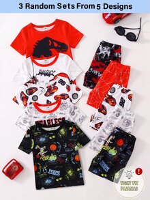 【5套随机发货，送3套】男童夏季短袖短裤睡衣套装，卡通恐龙和酷炫越野车图案，蜘蛛印花，柔软针织面料，舒适睡衣套装 - 彩色 - 查看 2
