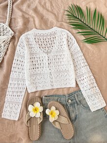 SHEIN Girlism 青少年女孩可愛甜美鏤空針織開襟衫，適合返校、休閒出遊、海邊度假、派對等多種場合，舒適百搭柔軟 - 白色 - 查看 4