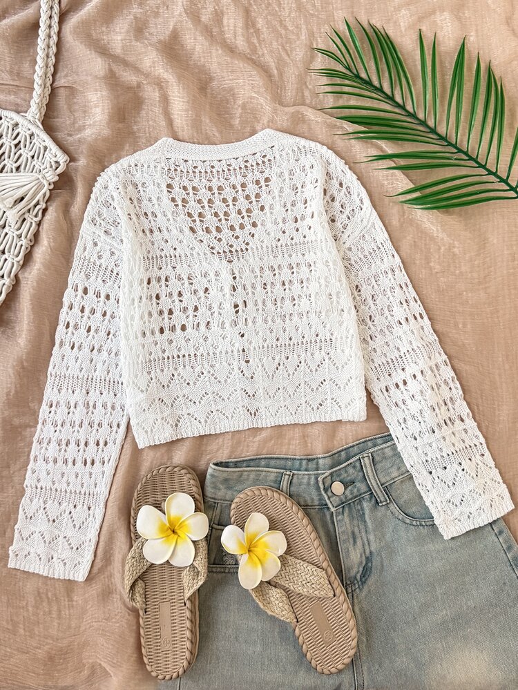 SHEIN Cárdigan de punto calado lindo y dulce para niñas preadolescentes, adecuado para regreso a clases, salidas casuales, vacaciones en la playa, fiestas y talla grande, cómodo, versátil y suave - Blanco - Añade 4