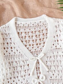 SHEIN Girlism 青少年女孩可愛甜美鏤空針織開襟衫，適合返校、休閒出遊、海邊度假、派對等多種場合，舒適百搭柔軟 - 白色 - 查看 5