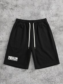 Manfinity ZONE917 Men Plus Size Summer Loose Fit Casual Shorts With Letter Print And Drawstring Waist - Black - View 1