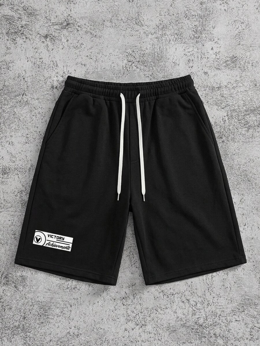 Manfinity ZONE917 Men Plus Size Summer Loose Fit Casual Shorts With Letter Print And Drawstring Waist - Black - View 1