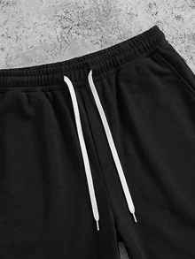Manfinity ZONE917 Men Plus Size Summer Loose Fit Casual Shorts With Letter Print And Drawstring Waist - Black - View 3