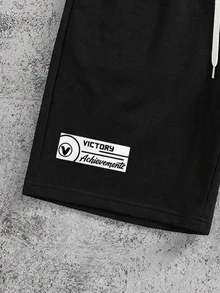 Manfinity ZONE917 Men Plus Size Summer Loose Fit Casual Shorts With Letter Print And Drawstring Waist - Black - View 4